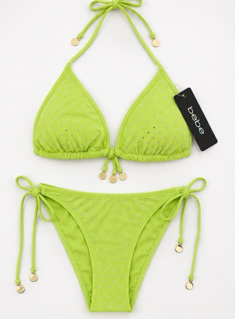 bebe Neon Lime Rhinestone Triangle Bikini with Gold Charm